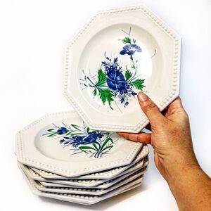 VTG Gialletti Pimpinelli Earthenware Plates Blue Floral Italy Set of 8